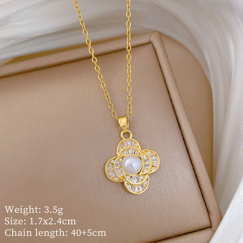 Sweet Luxury Teardrop Moon Pearl Rhinestone Titanium Steel Necklace for Women