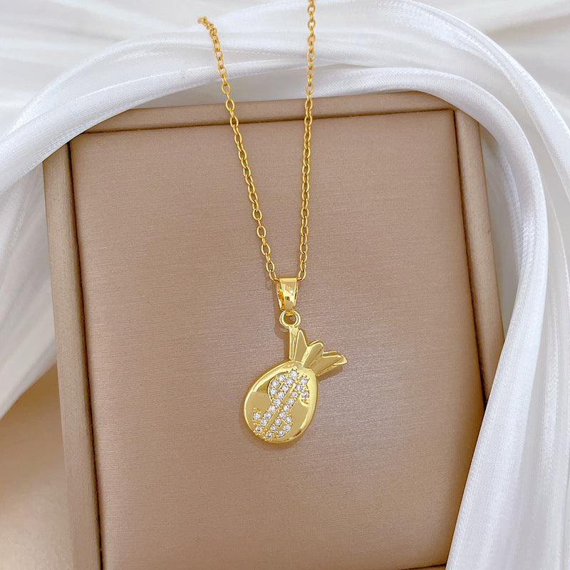 Minimalist Sweet Geometric Moon Rhinestone Money Bag Pendant Titanium Steel Necklace for Unisex