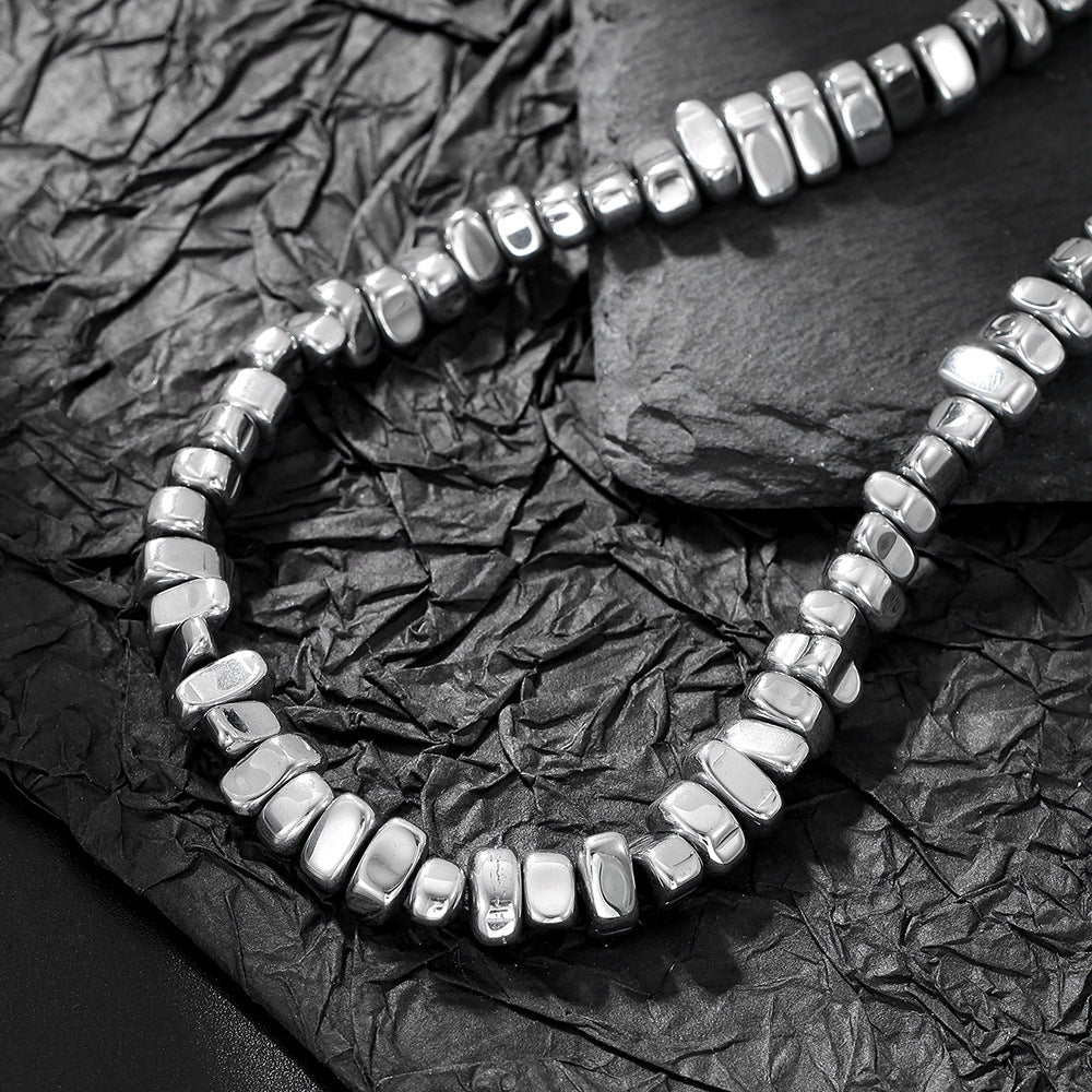 Geometric Black Obsidian Beaded Necklace for Men with Stainless Steel O-Chain and Handcrafted Details