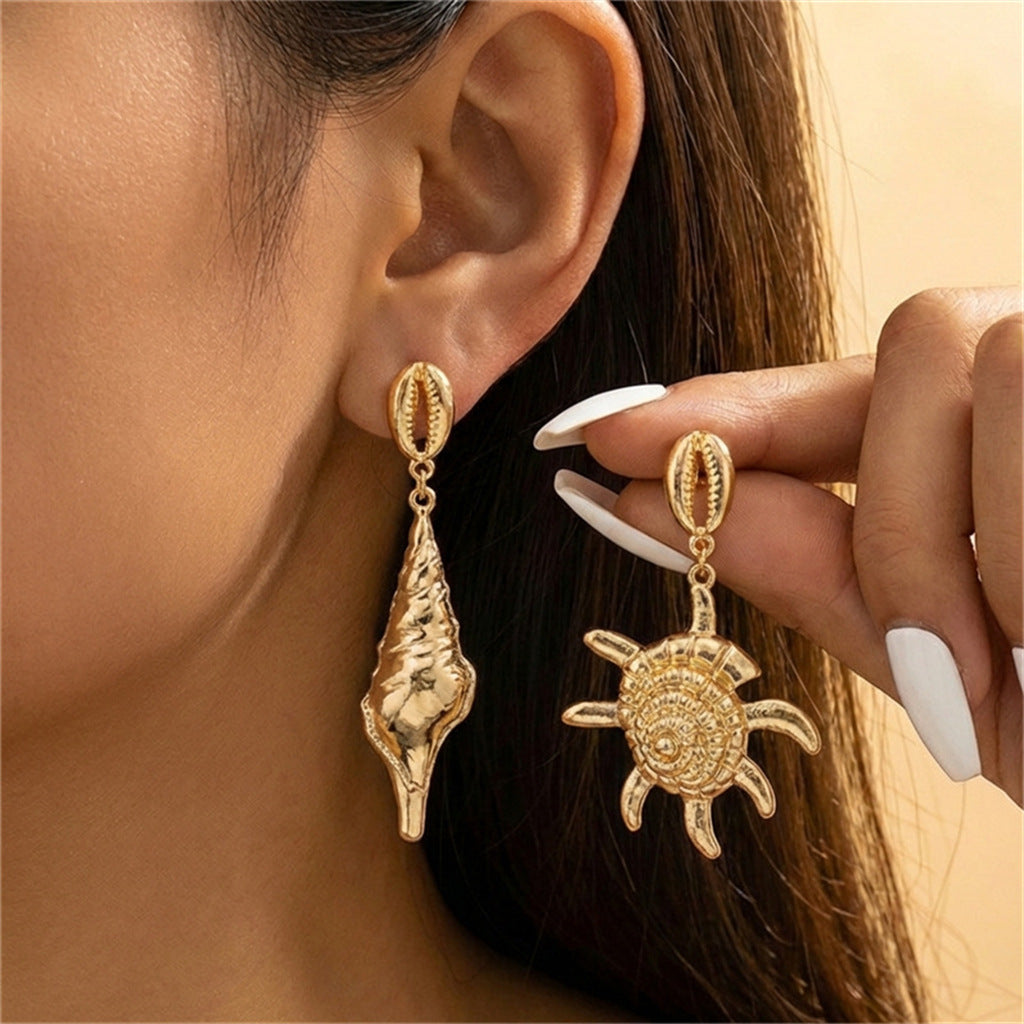 Vintage Geometric Starfish Shell Conch Pattern Plated Alloy Earrings for Women
