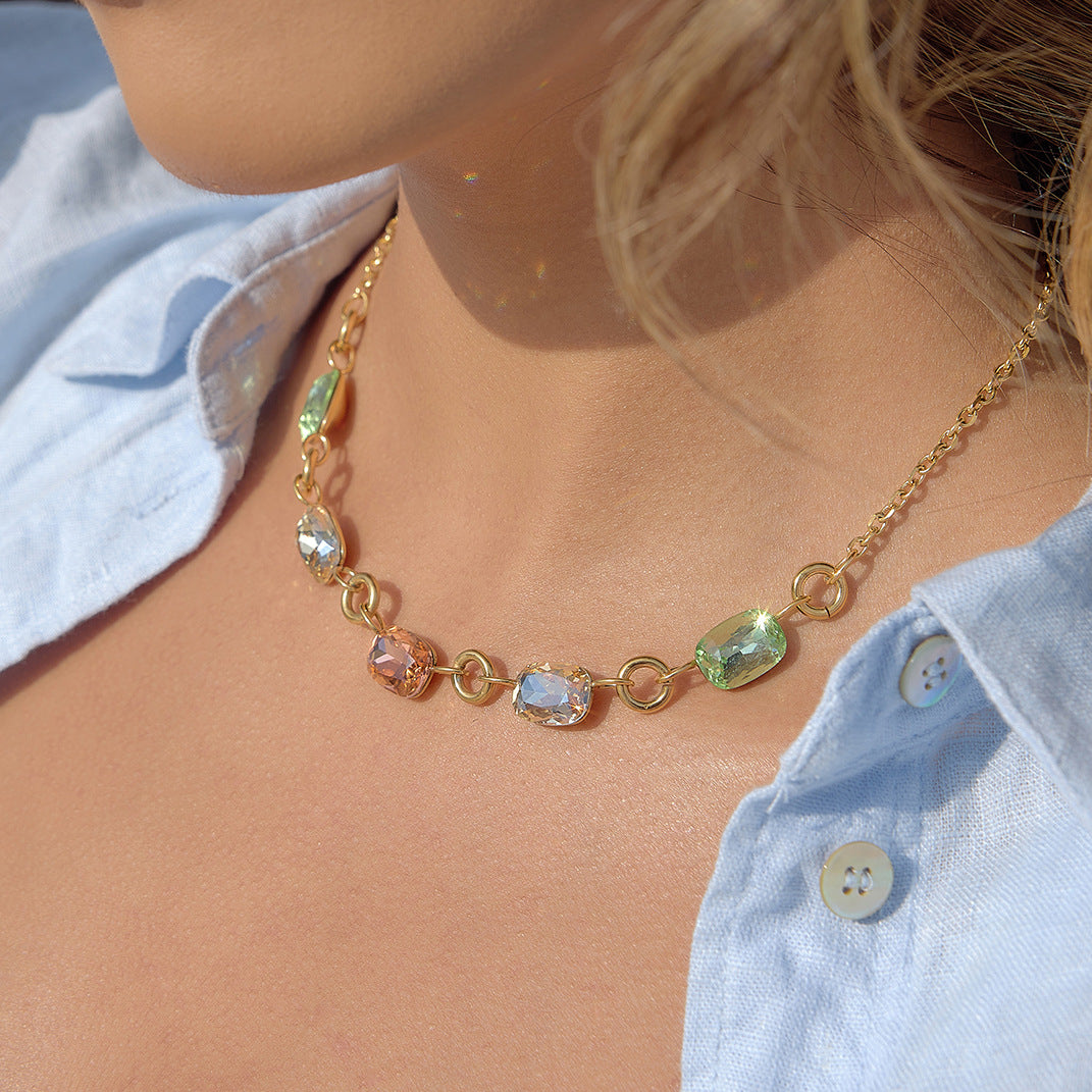 Minimalist Colorful Rhinestone Geometric Stainless Steel PVD Plated Necklace for Women