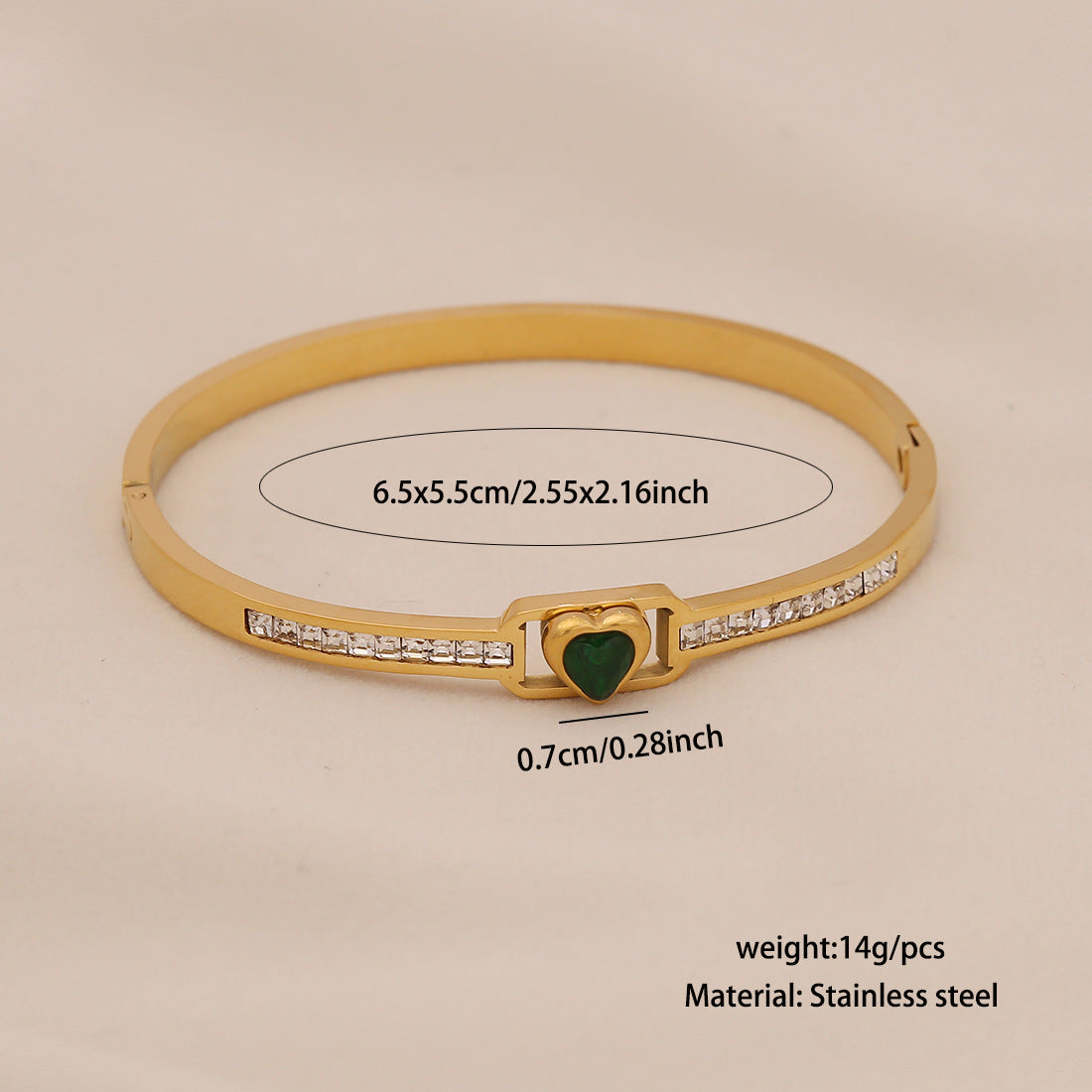 Vintage Geometric Stainless Steel Bracelet with Gold Plating and Irregular Green Glass Inlay