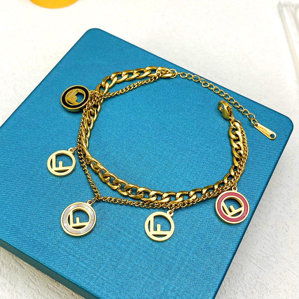 Punk Style Geometric Titanium Steel Bracelet with Engraved F Letter Pendant and Thick Snake Chain