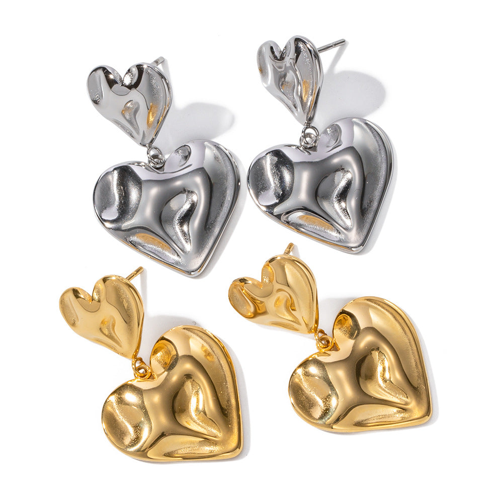 Trendy Ins Style 18K Plated Hammered Heart Pendant Earrings for Women