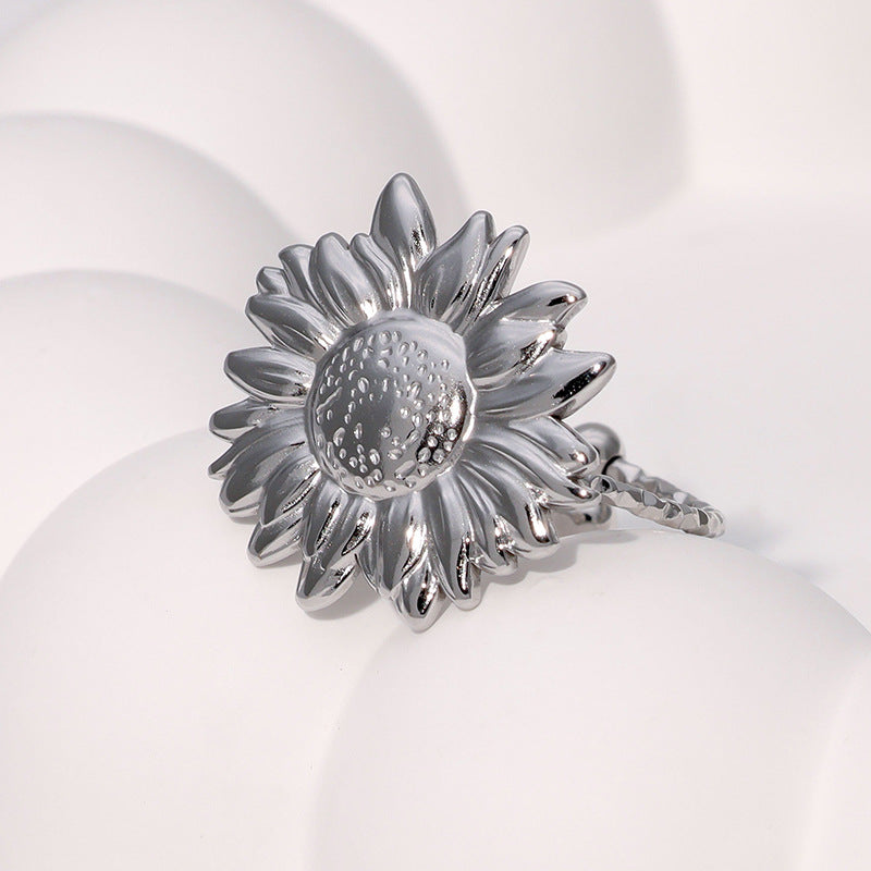 Minimalist Sunflower Floral Adjustable Stainless Steel Ring with Gold Plating for Women