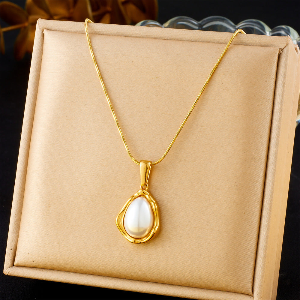 Vintage Gold Plated Heart Teardrop Stainless Steel Necklace and Earring Set with Turquoise and Pearl on Snake Chain for Women