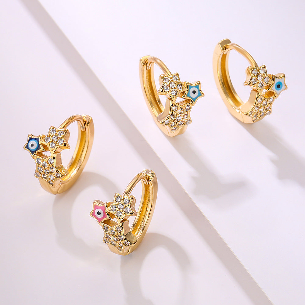 Fashionable Geometric Star-Shaped Copper Earrings with Gold Plating and Enamel Eye Detail for Women