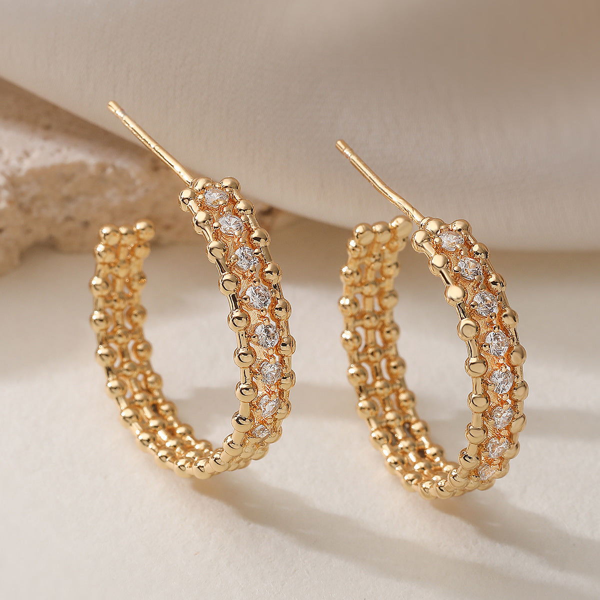 Luxury Vintage Geometric Gold Plated Brass Hoop Earrings with Cubic Zirconia for Women