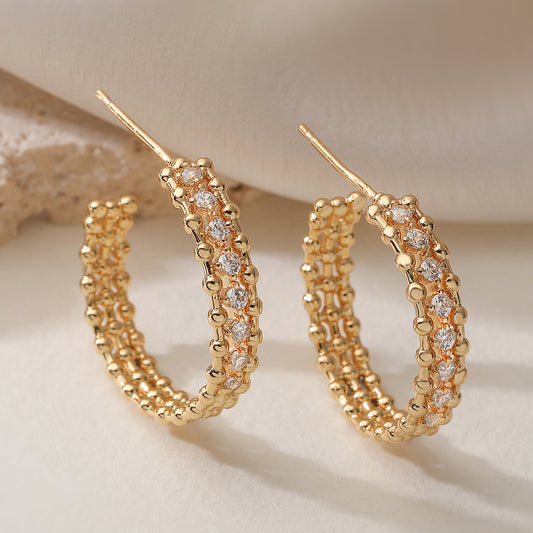 Luxury Vintage Geometric Gold Plated Brass Hoop Earrings with Cubic Zirconia for Women