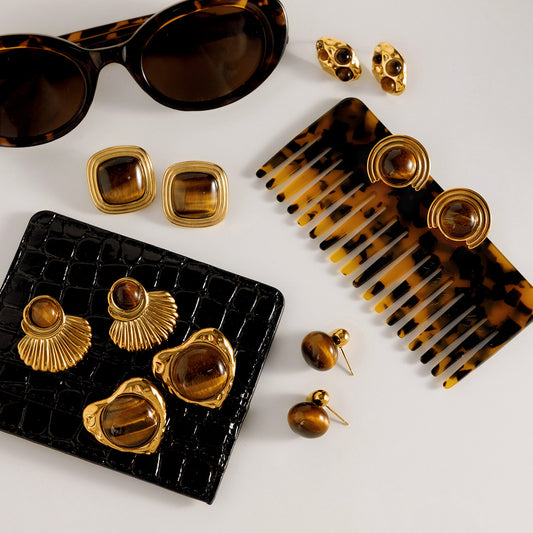 Pendientes de tuerca de acero de titanio geométricos minimalistas con incrustaciones de ojo de tigre para mujer, chapado al vacío PVD en oro, estilo de aro de lujo a la moda