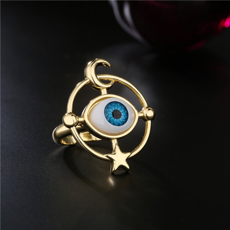Gold Plated Brass Geometric Star Moon Micro-Inlay Ring