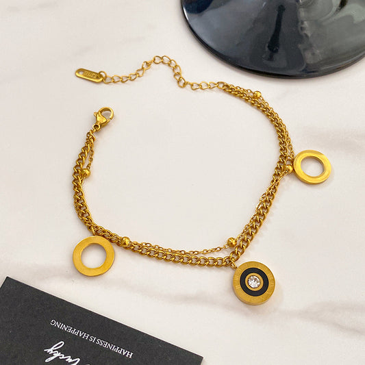 Hip-hop Titanium Steel Double Layer Bracelet with Roman Number and Cubic Zirconia