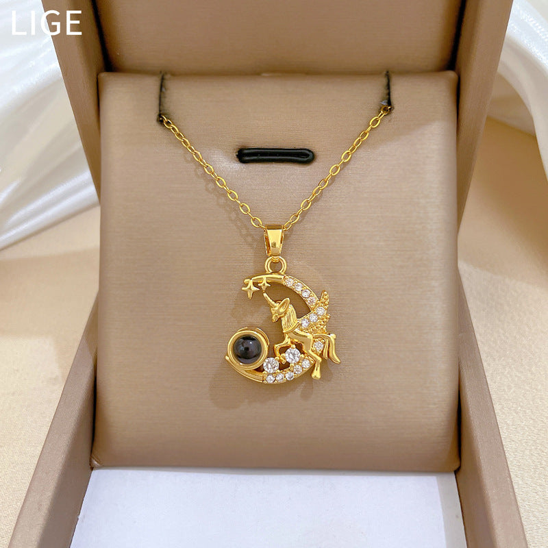 Sweet Luxury Moon Geometric Rhinestone Pendant Titanium Steel Necklace for Unisex