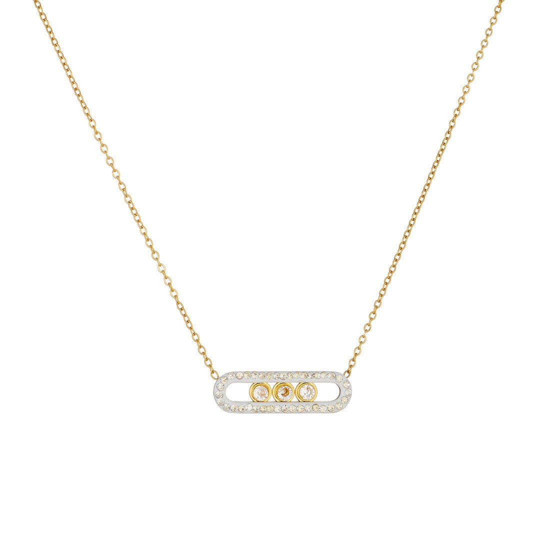 Minimalist Gold Plated Stainless Steel Geometric Paperclip Pendant Necklace with Rhinestones for Women