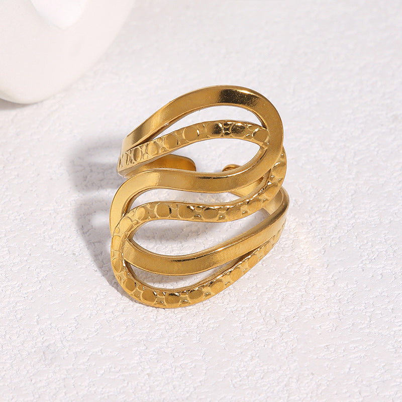 Minimalist Geometric Textured Stainless Steel Ring with 18K Gold Plating for Women