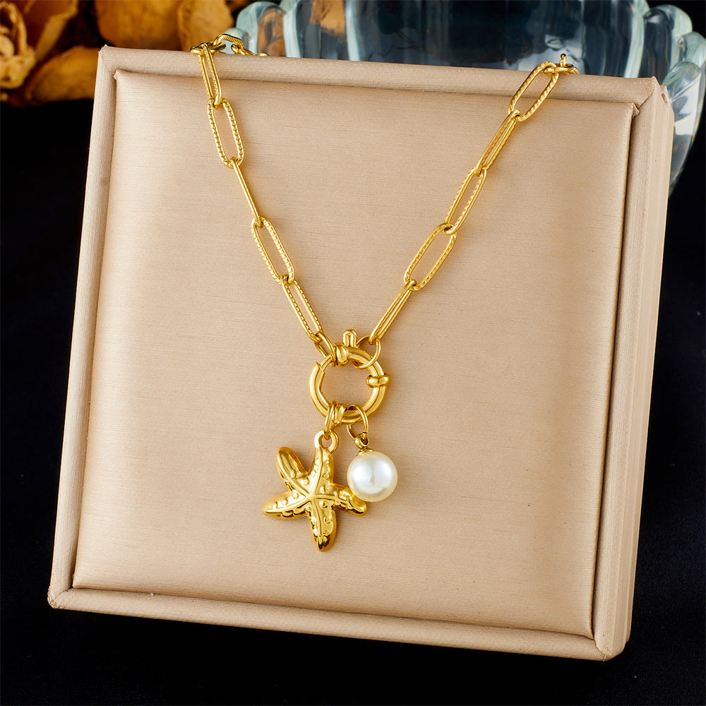 Chic Gold Plated Drip Oil Stainless Steel Starfish Butterfly Necklace