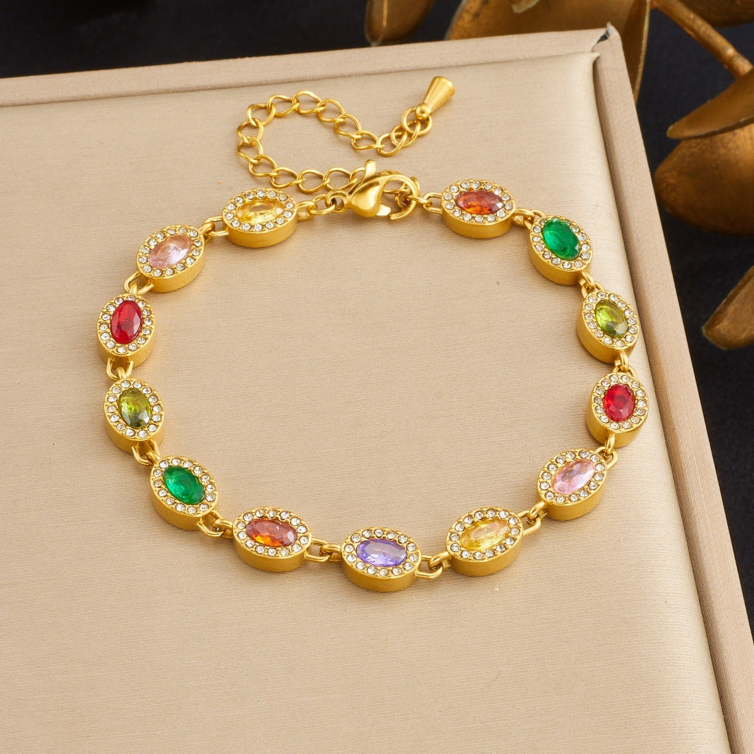 Elegant Gold Plated Heart Oval Cubic Zirconia Stainless Steel Ball Chain Bracelet