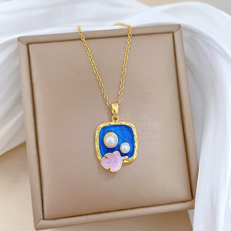 Vintage Sweet Geometric Moon Rhinestone Pendant Necklace Titanium Steel Cable Chain for Unisex