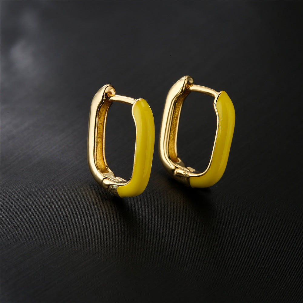 Fashion Colorful Drip Oil Square Geometric Brass 18K Gold Plated Earrings
