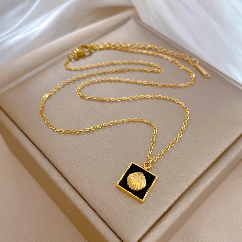 Minimalist Geometric Square Shell Pendant Necklace for Women Titanium Steel Plated with Real Gold Locket Chain