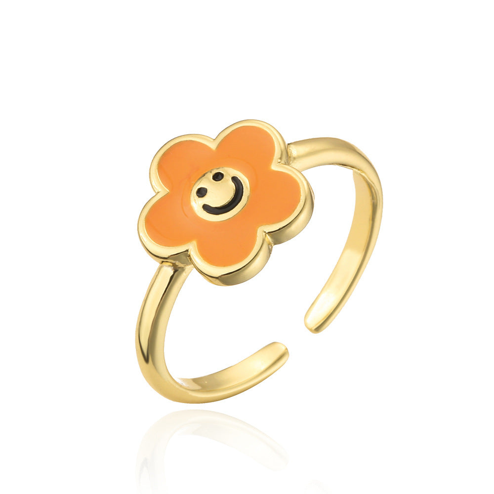 Fashion Drip Oil Gold Plated Brass Geometric Flower Open Ring for Women