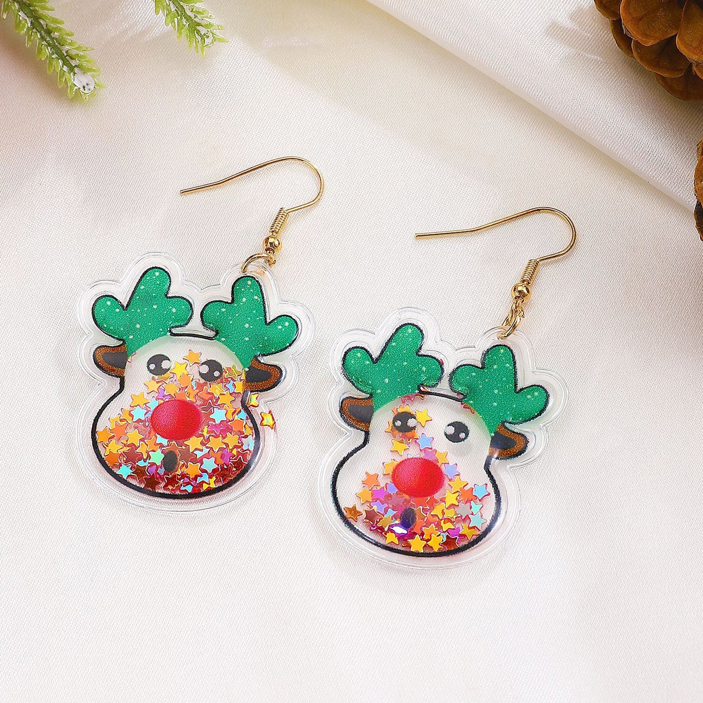 Pendientes de tela con forma geométrica, puños para las orejas de Papá Noel tejidos a mano para mujeres con detalles festivos de cascabeles