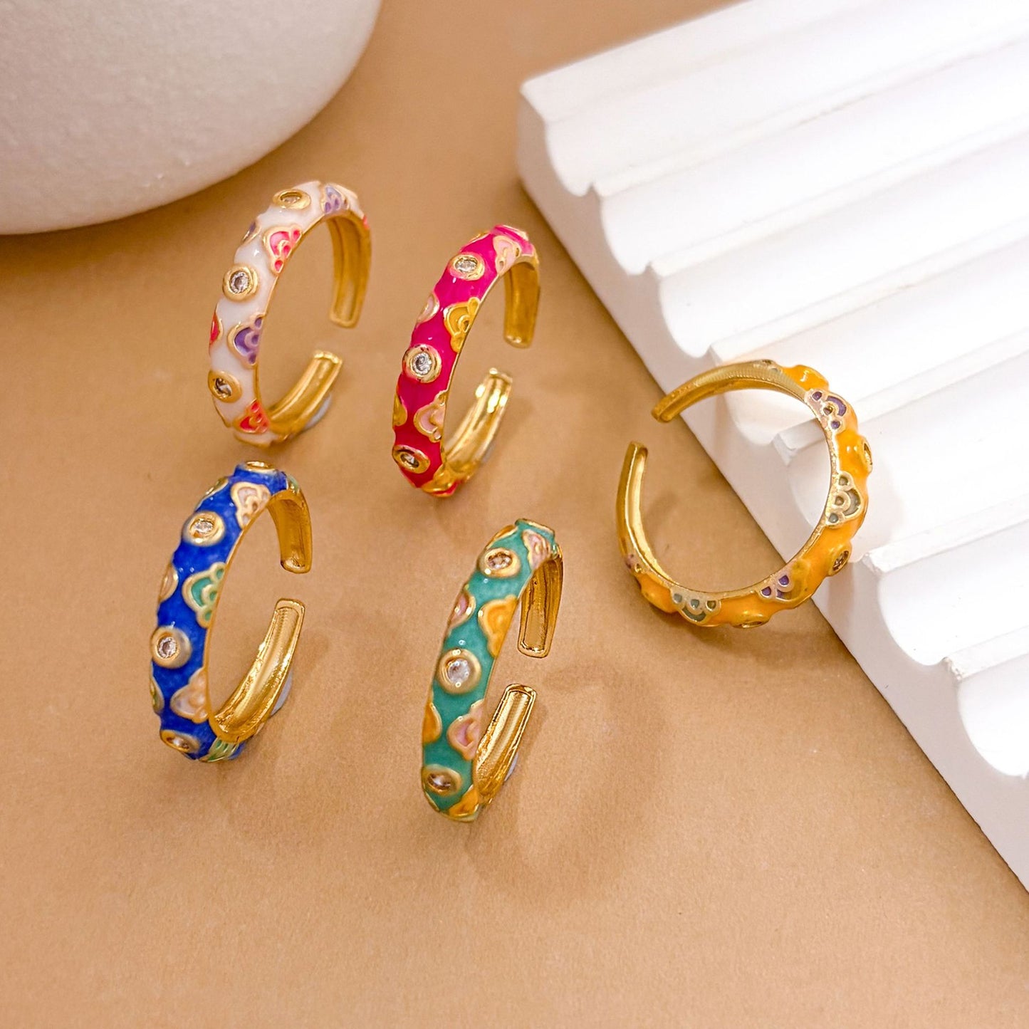Vintage Sweet Enamel Gold Plated Brass Heart Open Ring for Women