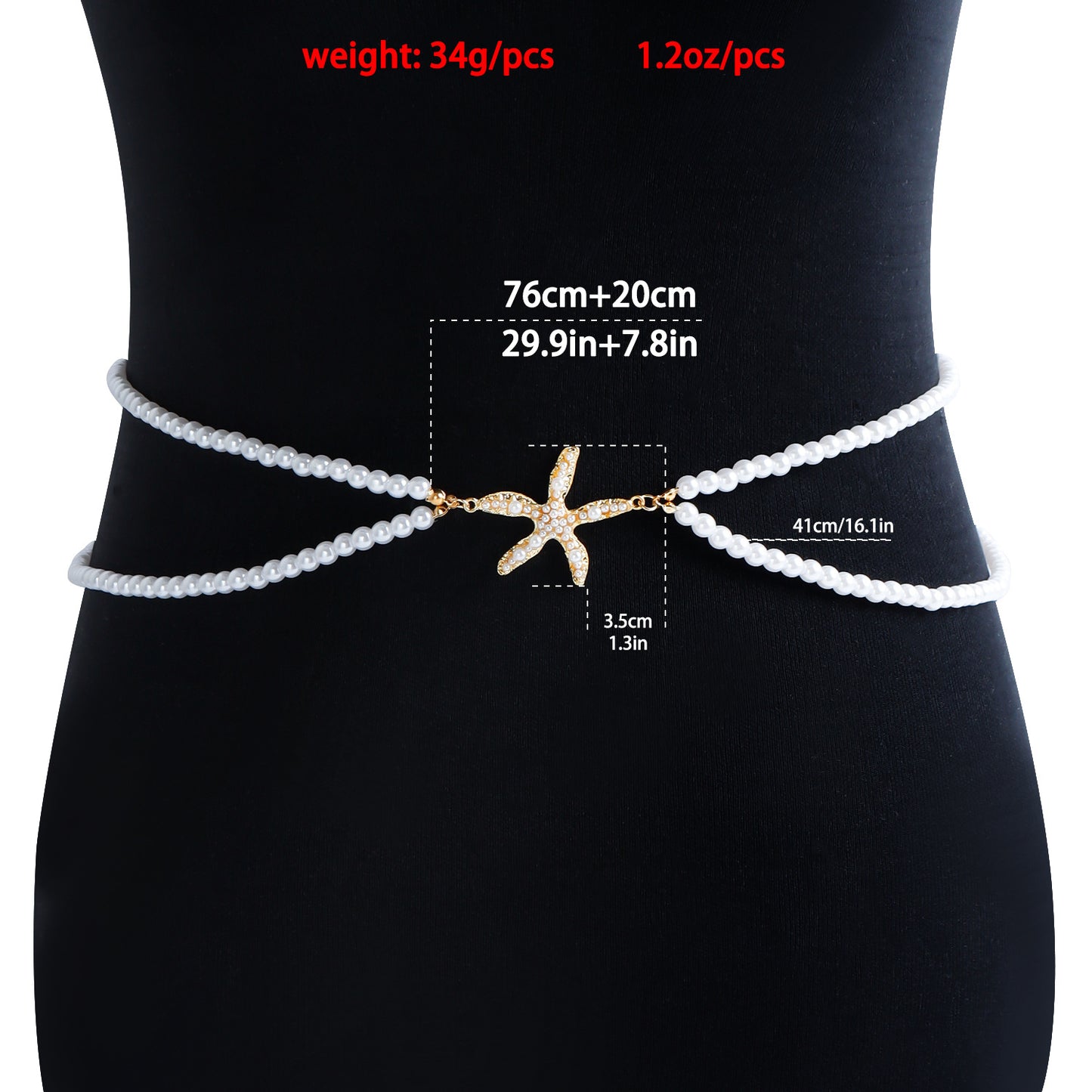 Casual Starfish Pendant Waist Chain for Women with Metal Double-Layer Beaded Design and Simulated Pearl Accents