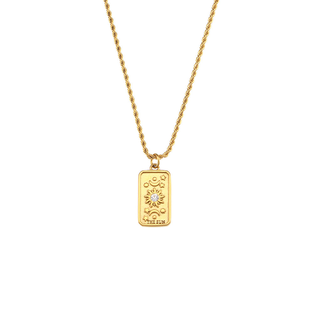 Fashionable Vintage Rectangular Titanium Steel Pendant Necklace with Enamel Finish and Zircon Inlay for Women