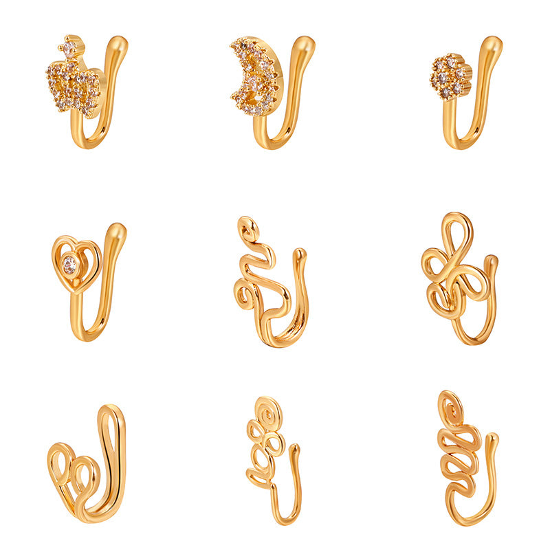 Clip per il naso a forma di U con stella e cuore placcata in rame vintage con zirconia cubica