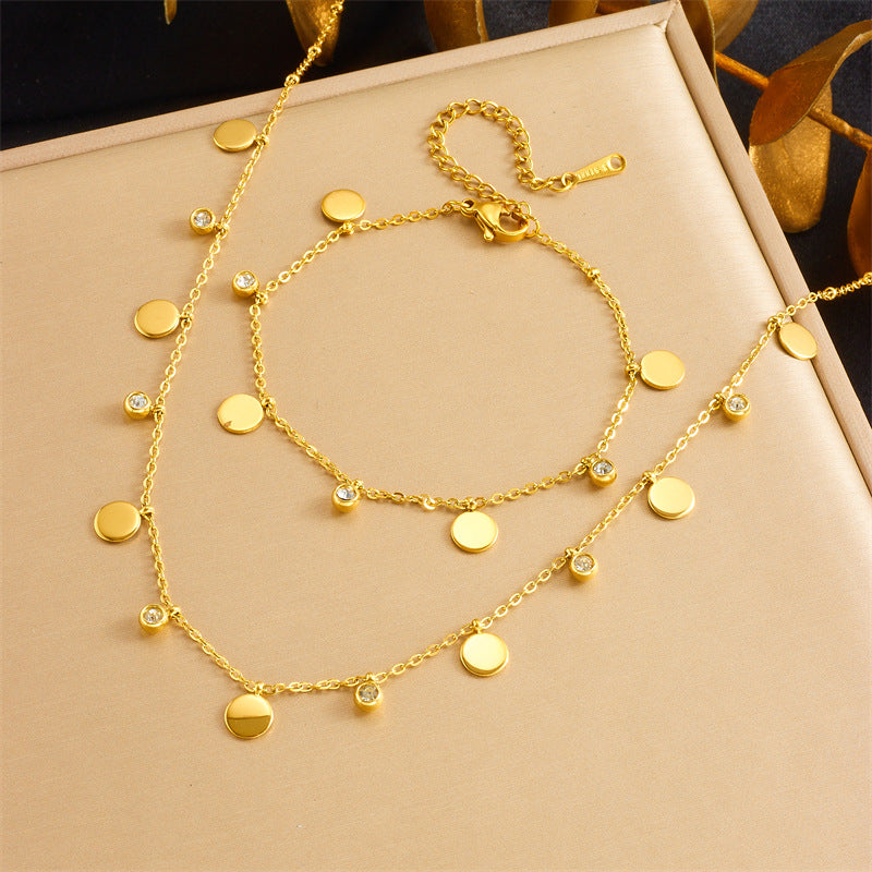 Minimalist Gold Plated Stainless Steel Butterfly Round Crown Eye Pendant Necklace and Bracelet Set for Women