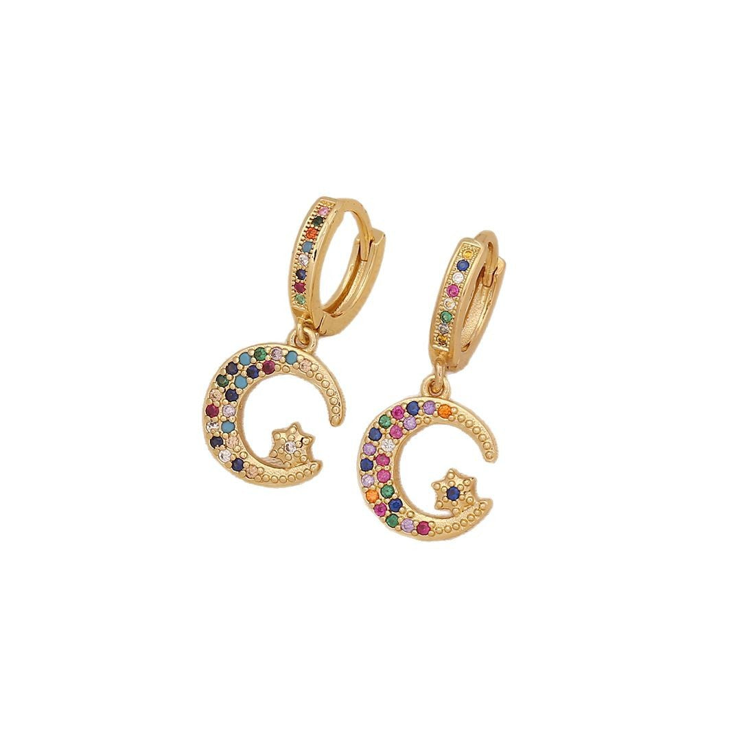Orecchini a forma di Stella e Luna in Rame con Zirconi Micro-Pavé da Donna