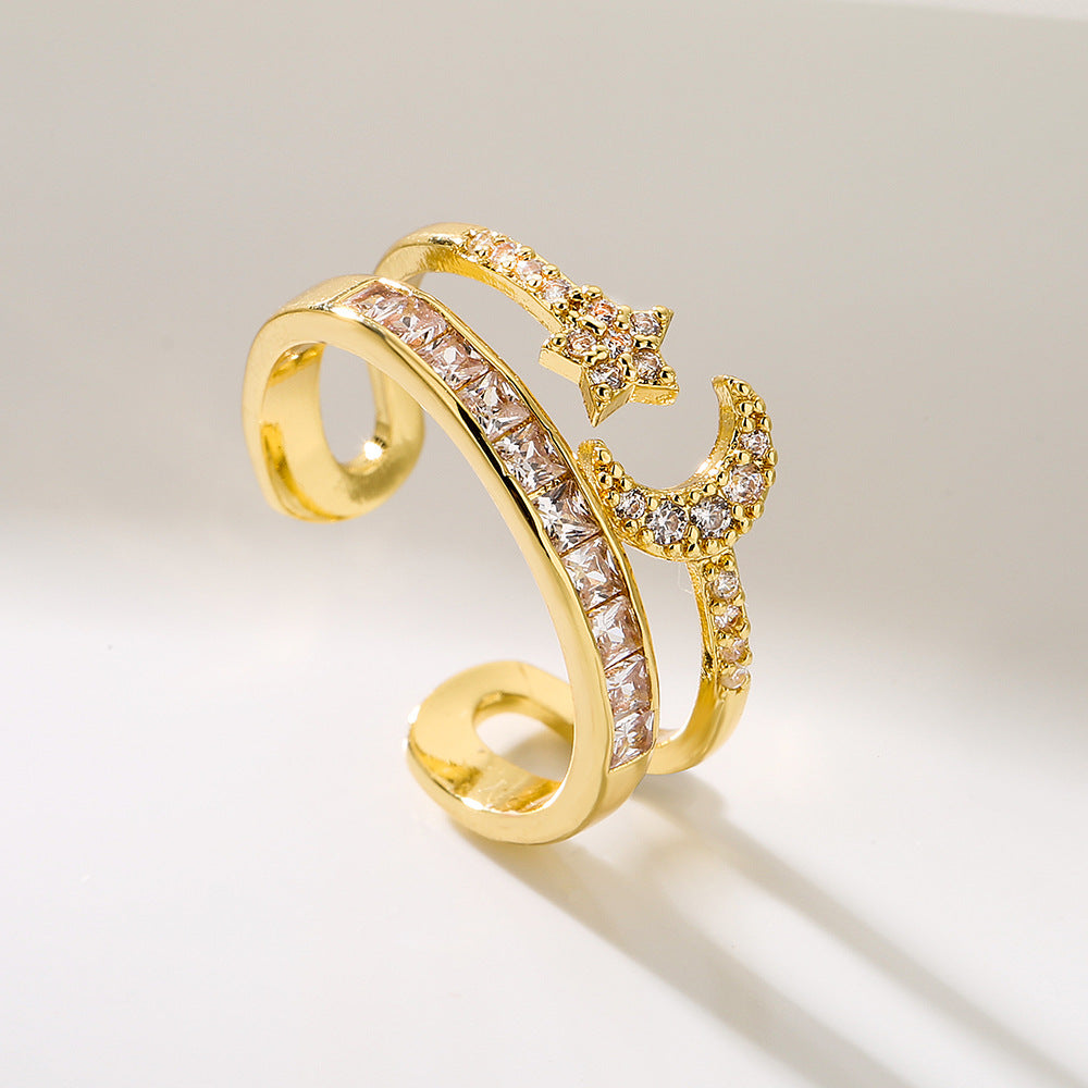 Anello Aperto Geometrico da Donna in Rame con Placcatura Oro 18K e Intarsio di Zirconi, Gioiello da Mano Irregolare e di Tendenza