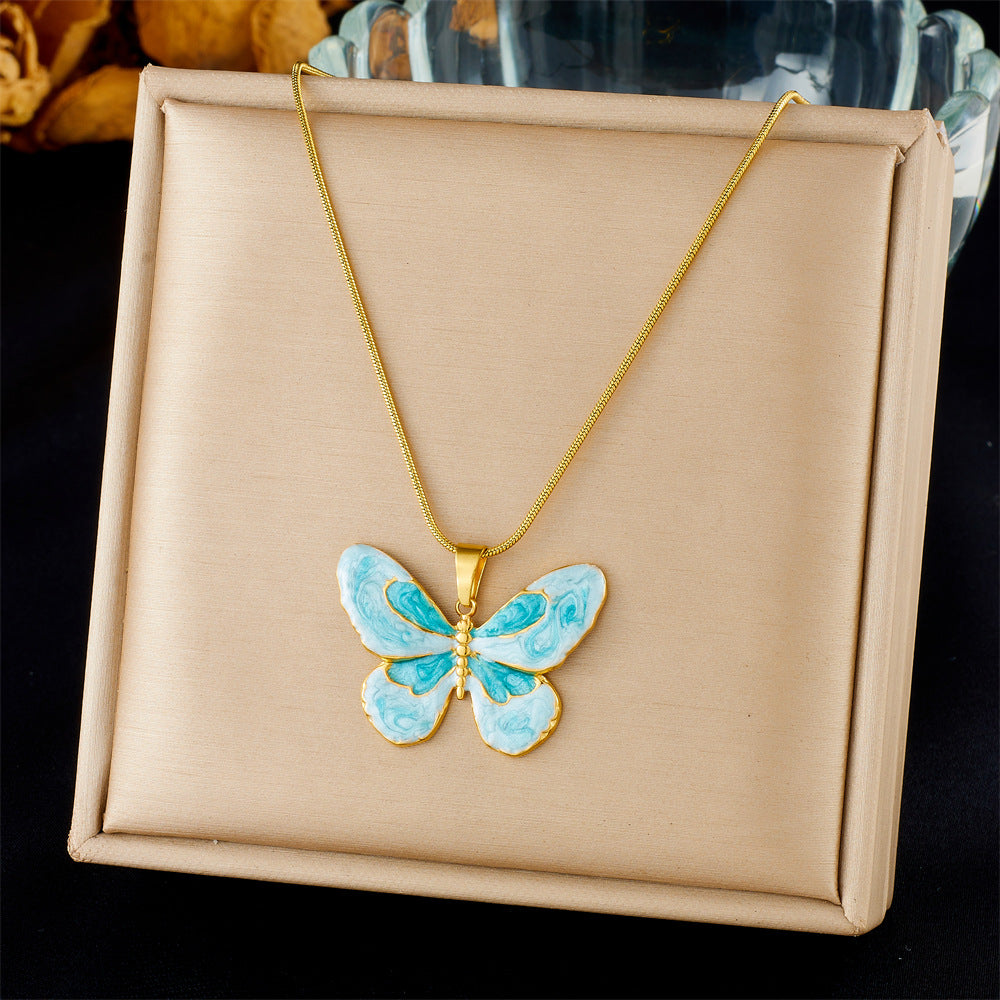 Chic Gold Plated Drip Oil Stainless Steel Starfish Butterfly Necklace