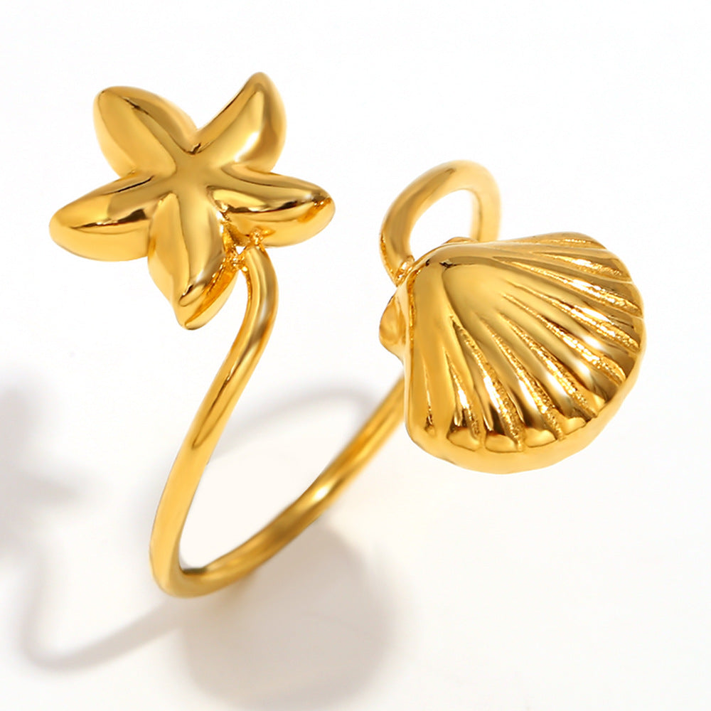 Anello da donna alla moda a forma di stella in acciaio inossidabile con placcatura in oro 18 carati e inserto in conchiglia