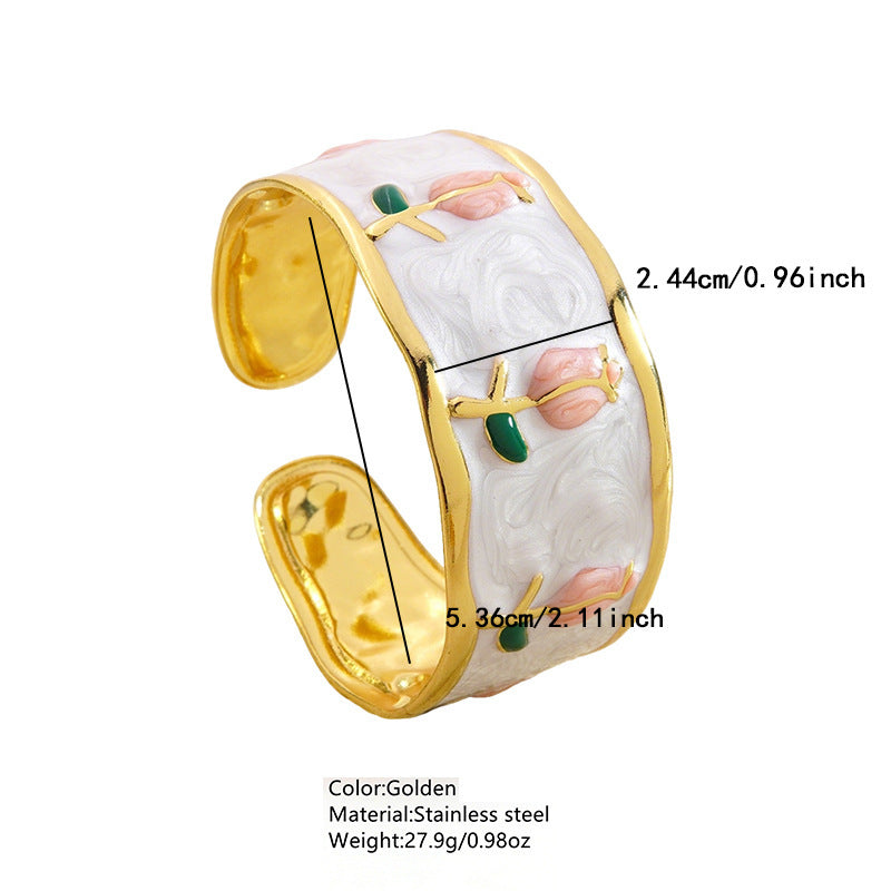 Elegante Pulsera Abierta de Lujo Floral con Esmalte de Aceite de Acero Inoxidable y Titanio con Cereza