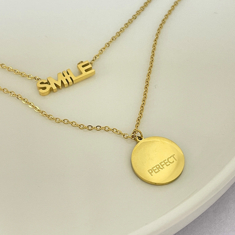 Minimalist Geometric Round Pendant Necklace in Titanium Steel with Plated Finish Double Layer Clavicle Chain for Unisex