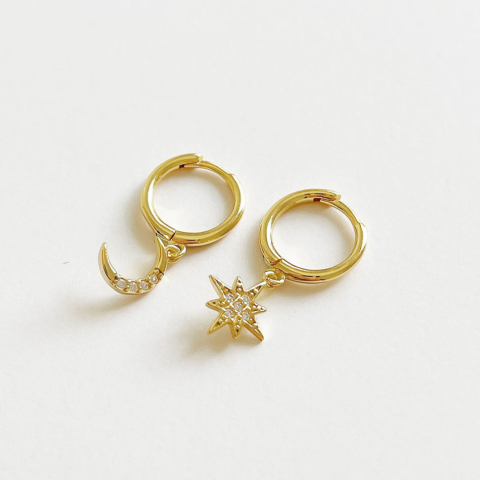 Sweet 925 Sterling Silver Star Moon Asymmetric Earrings with Rhinestone