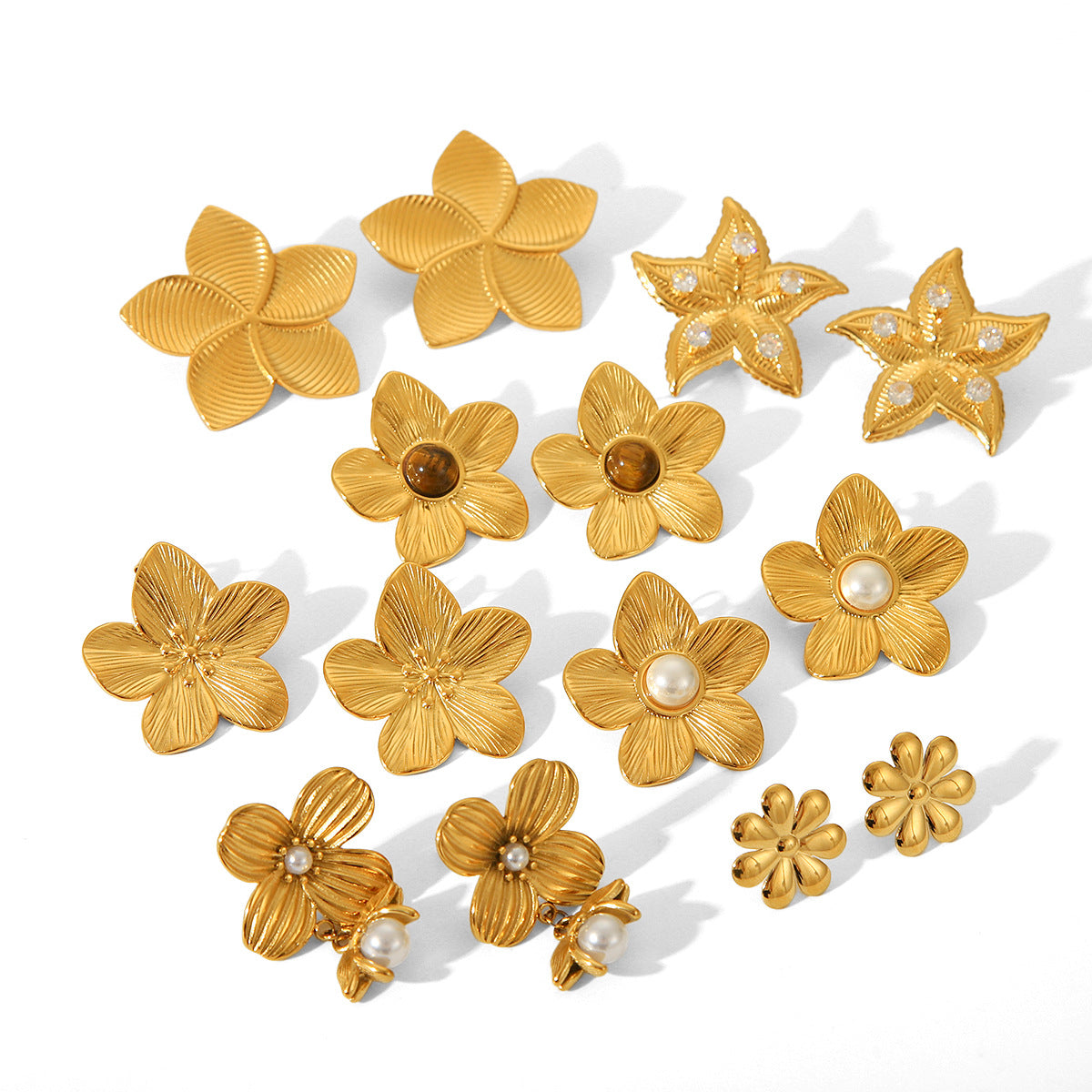 Fashion 18K Gold Plated Textured Five-Petal Flower Stainless Steel Stud Earrings for Women