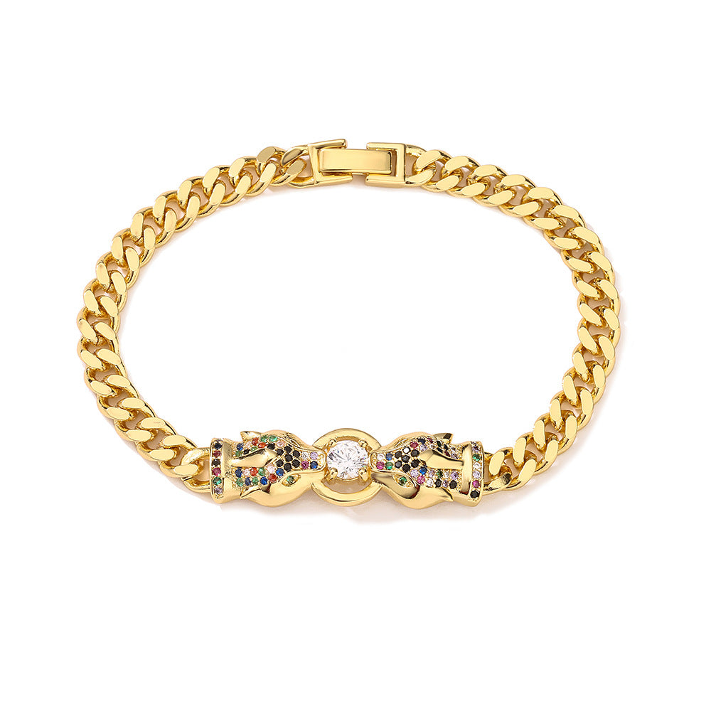 Bracciale Cubano Geometrico a Forma di Leopardo alla Moda da Donna in Rame Placcato Oro con Intarsio di Zirconi