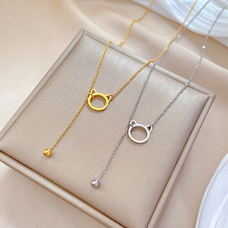 Minimalist Cat Pendant Titanium Steel Necklace with Tassel Detail for Women and Men, Geometric Shape, Gold-Plated Finish, Clavicle Chain