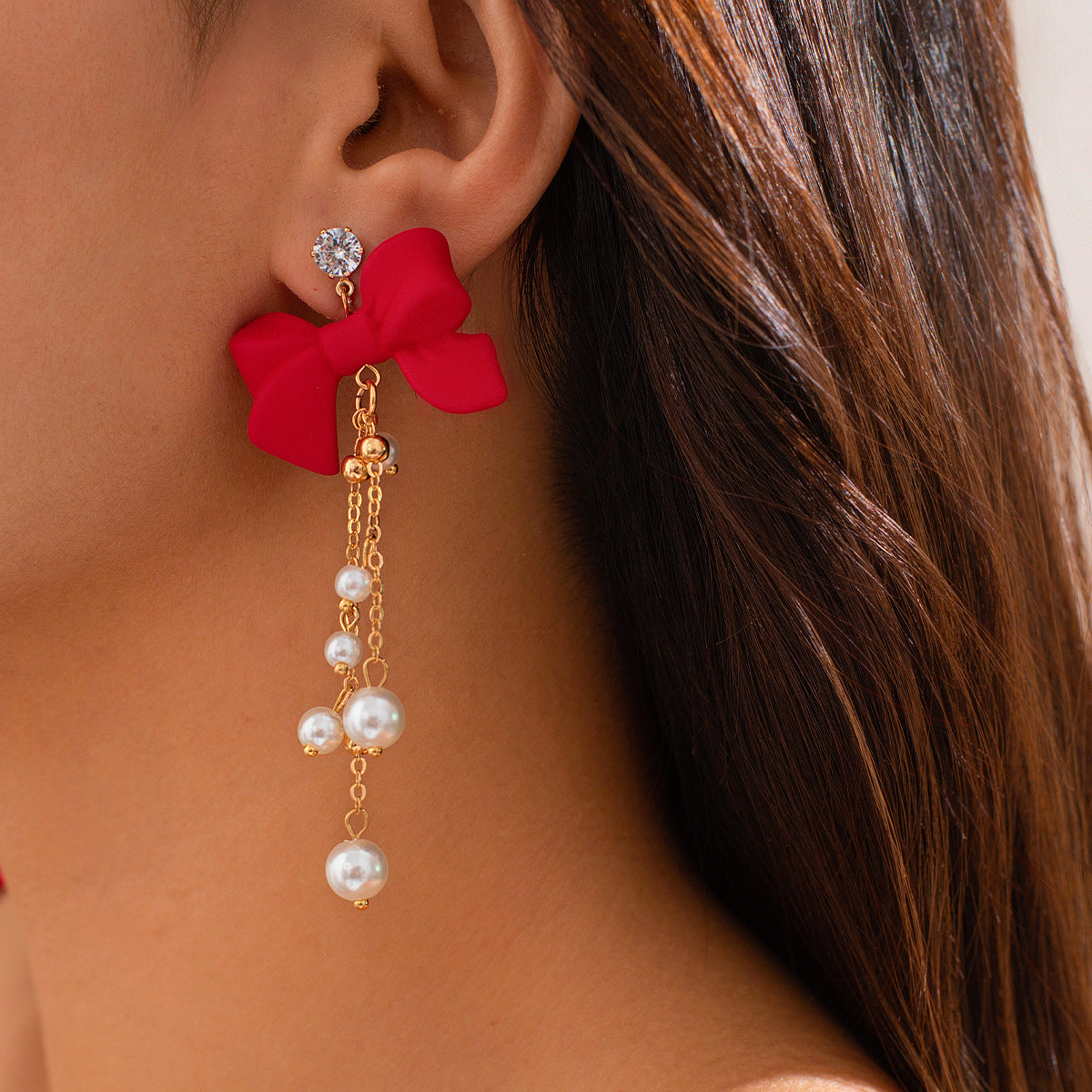 Pendientes de perlas de imitación en forma de lazo estilo Ins con borlas y detalles de cadena para mujer