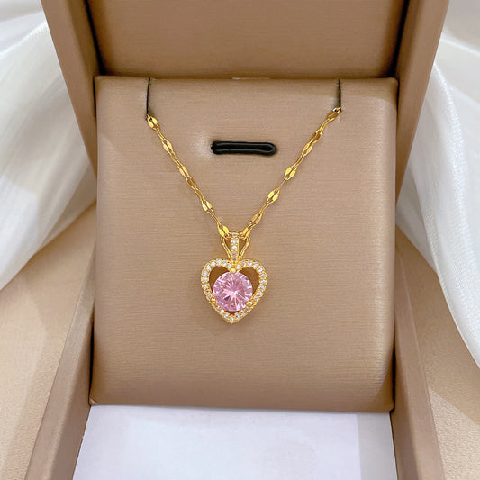 Collar con colgante de lujo de acero de titanio en forma de corazón para mujer con incrustaciones de diamantes de imitación, diseño geométrico, delicada cadena de clavícula
