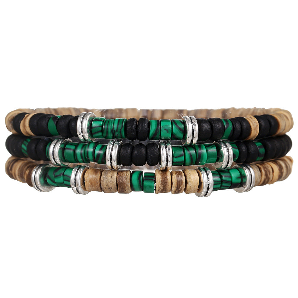 Vintage Bohemian Green Peacock Coconut Wood Beaded Stackable Bracelet for Men and Women