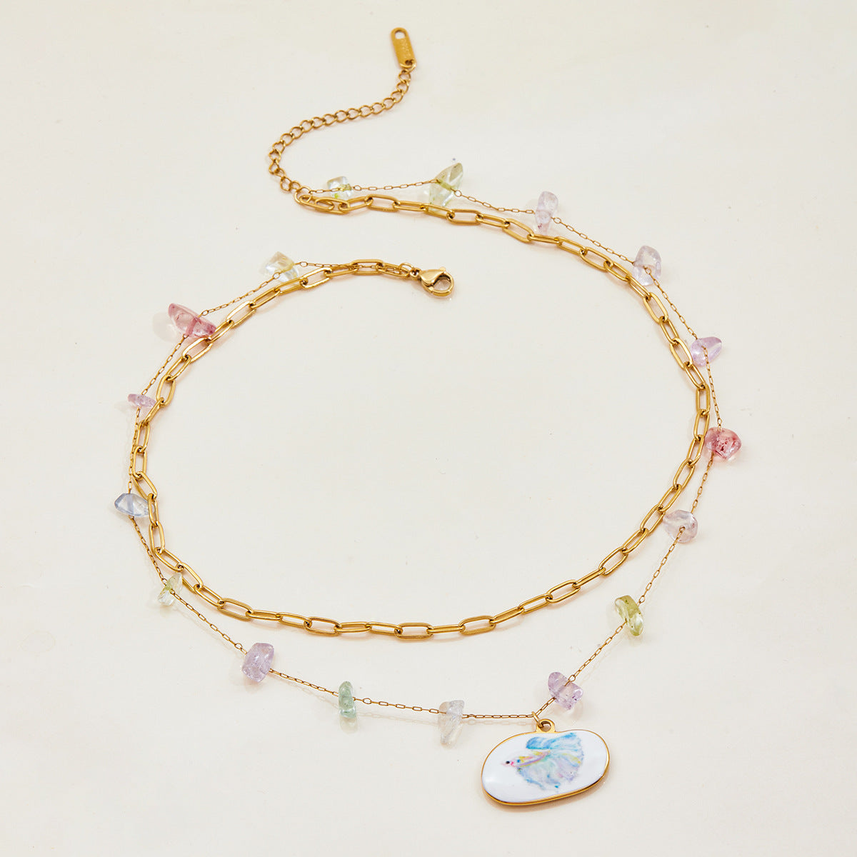 Collana Geometrica a Strati in Acciaio al Titanio Placcato per Donna con Dettagli in Pietra Naturale