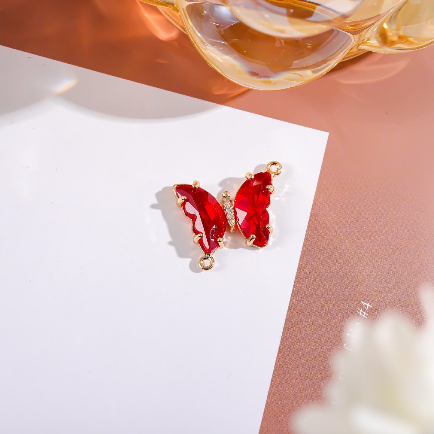 Sweet Gradient Glitter Crystal Butterfly Double Pendant Brass Plated Charm Bar