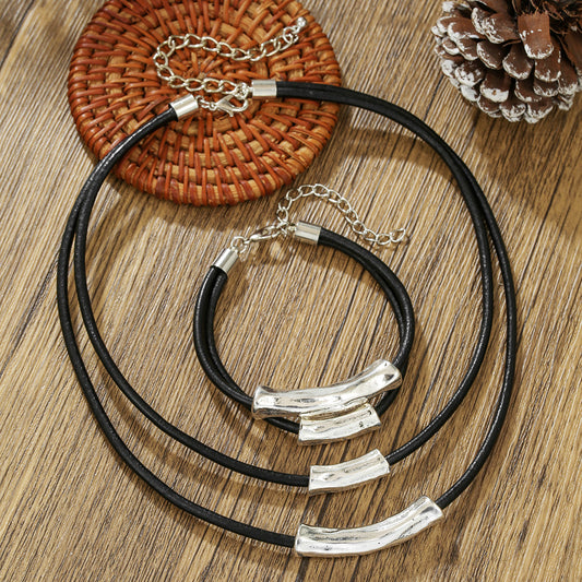 Hip-hop Geometric Alloy Plated Necklace with Leather Wax Cord and Cable Chain for Unisex