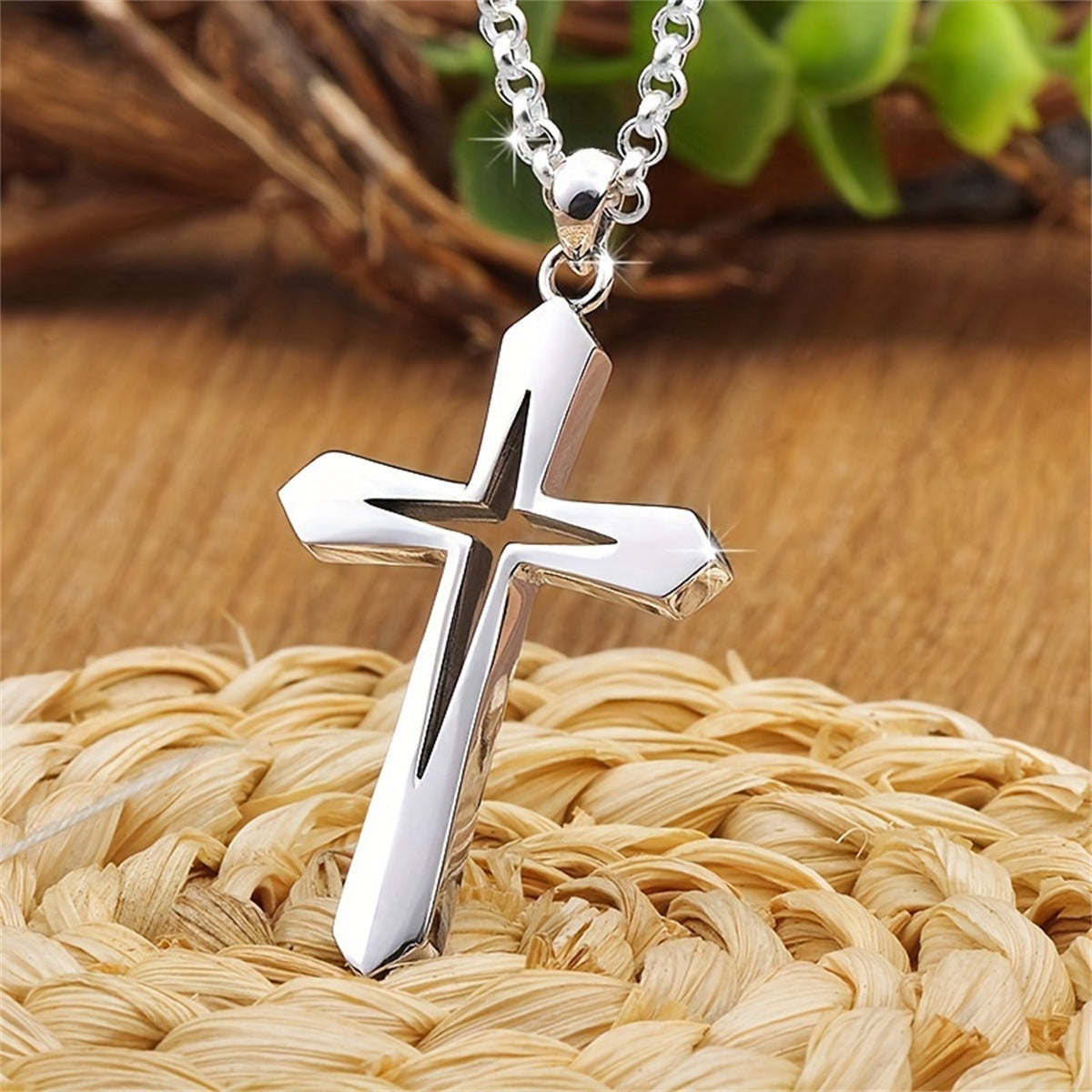 Minimalist Hollow Cross Pendant Necklace in Stainless Steel with Polished Finish for Men and Women