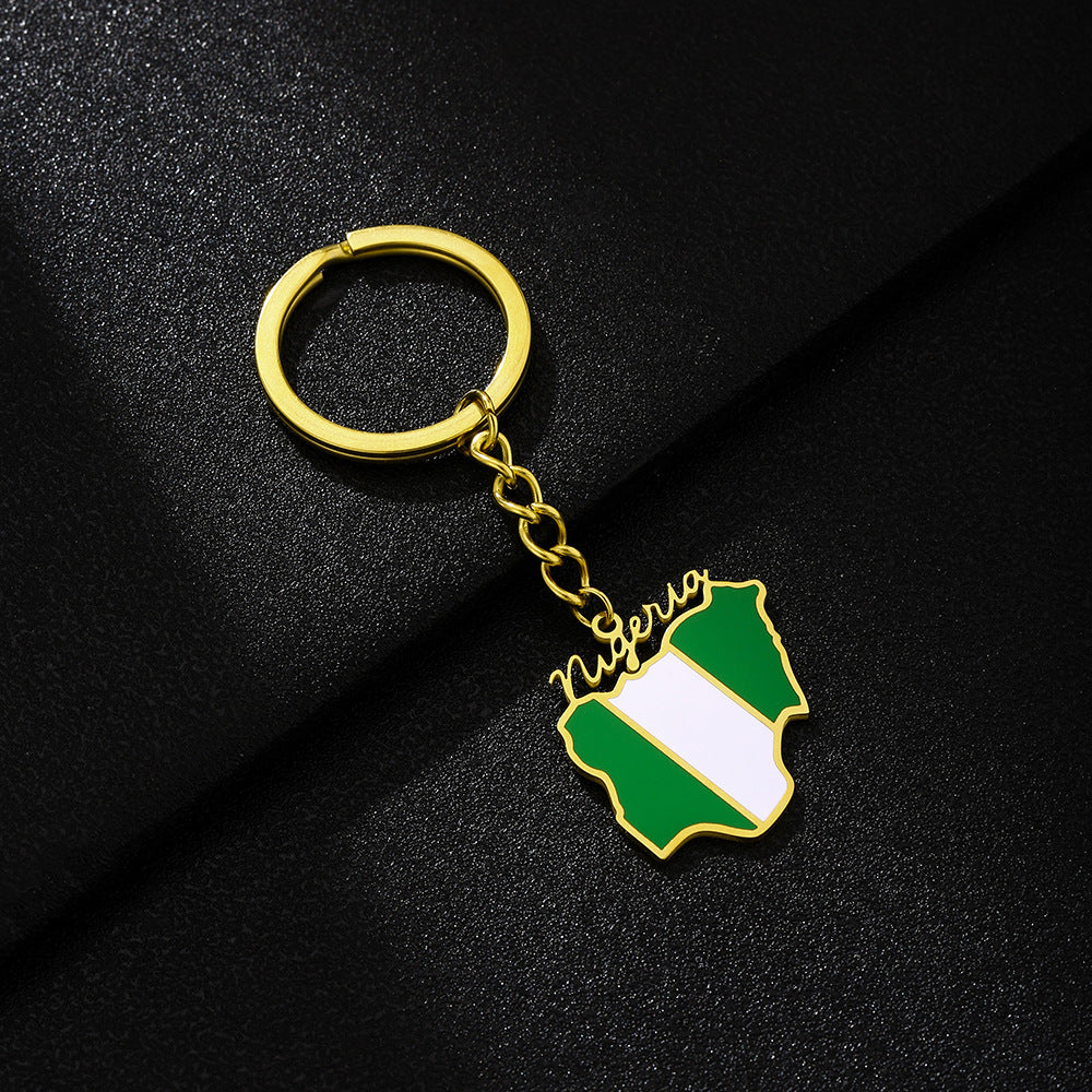 Portachiavi con mappa della bandiera nigeriana in stile europeo Ciondolo in acciaio inossidabile Accessorio decorativo etnico unisex