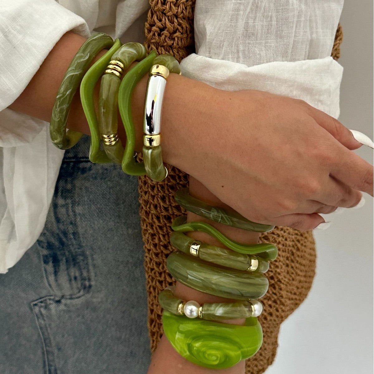 Minimalist Vintage Geometric Drip Oil Acrylic Bamboo Joint Cuff Bracelet Set